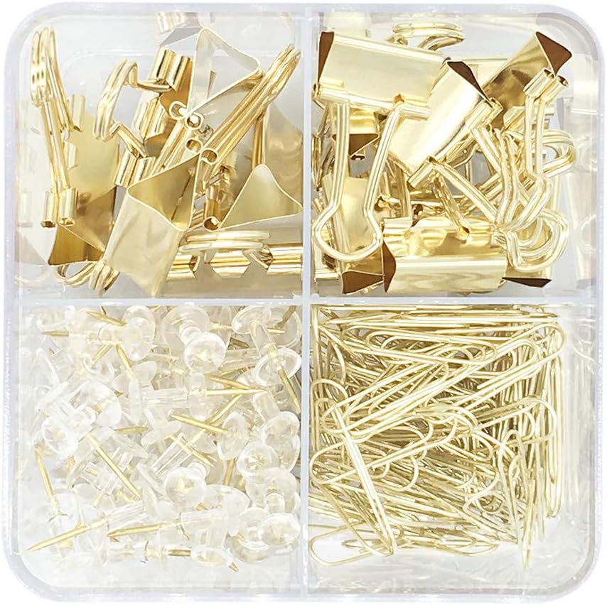 Gold Paper Binder Clips Push Pins Sets Desk Accessories for Office School Home Supplies