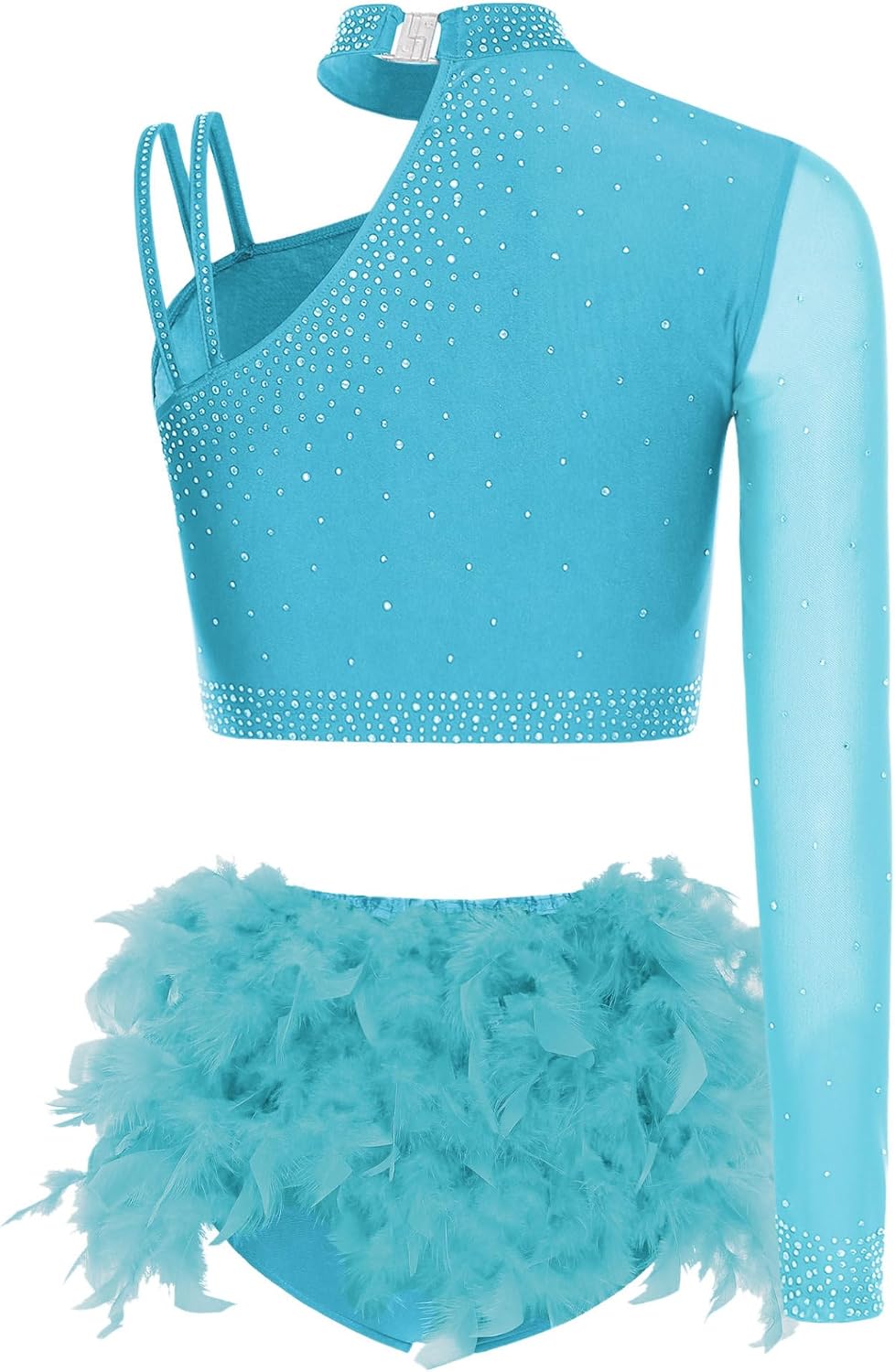 Women 2 Piece Dance Outfit Rhinestone Crop Top with Feather Briefs Jazz Latin Lyrical Dance Costume