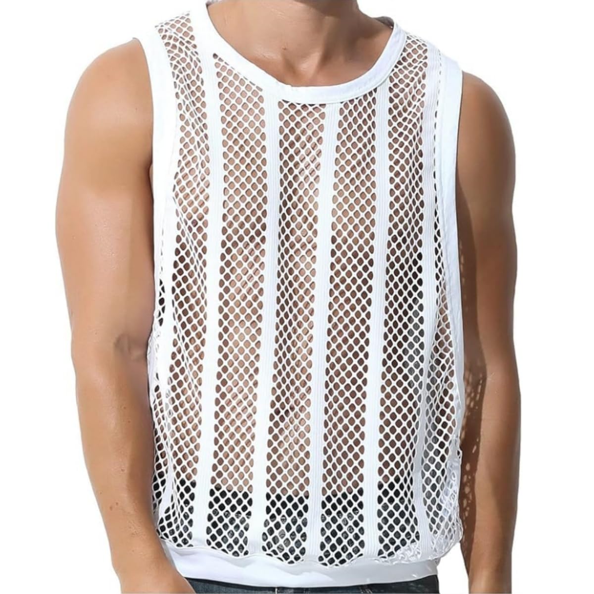 Hybursky Men's White Sleeveless Mesh Vest, See-Through Cut Off Fishnet Muscle Tee Shirt, Breathable Loose Fit Sheer Casual Undershirt, Fashion Hollow Out Tank Tops Activewear For Workout Gym Summer Clubwear