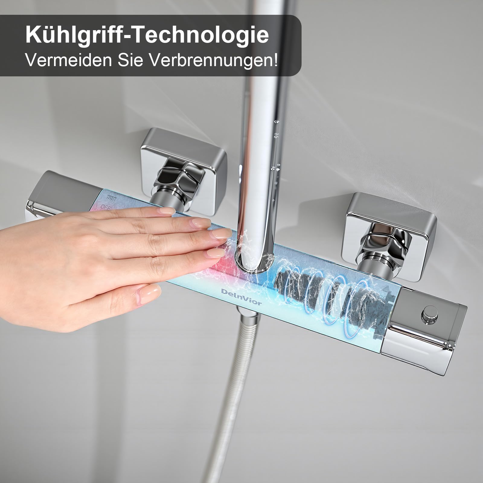 Duschsystem mit Thermostat Edelstahl Regendusche 13" Quadratische Regenbrause Handbrause 3 Strahlarten Duscharmatur Komplettset Höhenverstellbar mit Anti-Verbrühungsschutz Wassersparend