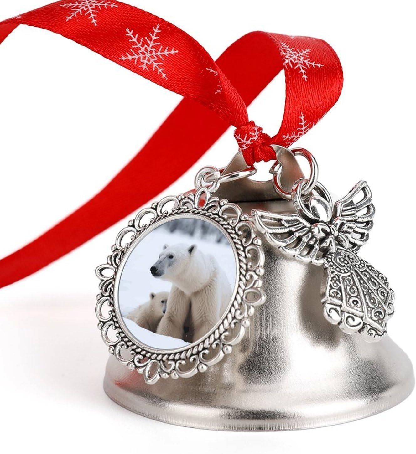 Snow Animal Polar Bear Christmas Bells Ornaments with Wings & Heart Silver Bell Pendant for Christmas Tree Home Door Mantle Fireplace Decoration
