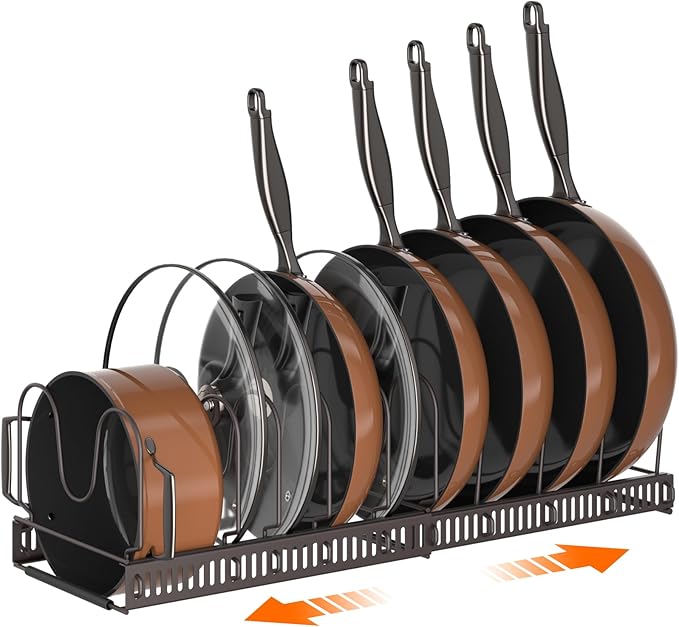 MUDEELA Pots and Pans Organizer Rack for under Cabinet, Expandable Pot Lid Kitchen Cabinet Organizer Holder with 10 Adjustable Compartment Cutting Board Organizer for Pan Lid Cookie Sheet Rack, Silver