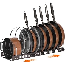 MUDEELA Pots and Pans Organizer Rack for under Cabinet, Expandable Pot Lid Kitchen Cabinet Organizer Holder with 10 Adjustable Compartment Cutting Board Organizer for Pan Lid Cookie Sheet Rack, Bronze