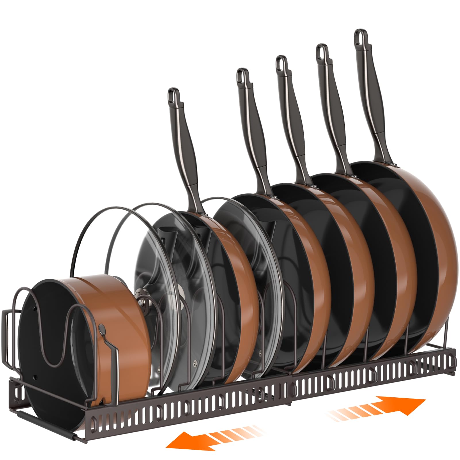 MUDEELA Pots and Pans Organiser, Rack for under Cabinet, Expandable Pot Lid Kitchen Cupboard Organiser Holder with 10 Adjustable Compartment, for Cutting Board, Cast-iron Pan, Heavy Cookware, Bronze