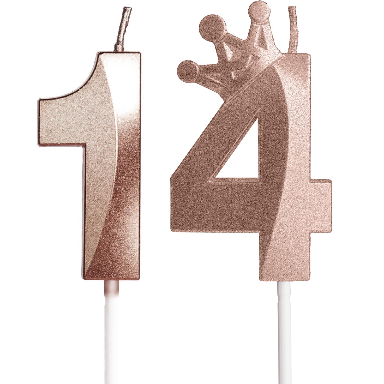 Yiran Rose Gold 14th Birthday Candles with Crown Decor, 3D Number 14 Candle for Cake, Rose Gold Cake Topper Decorations for Boys Girls Kids Birthday Party Supply