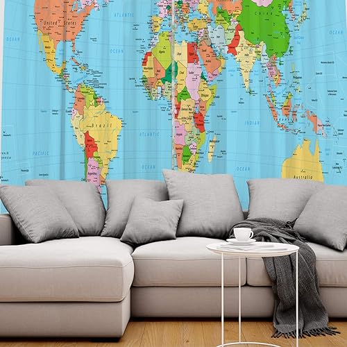 Miniatura 5 de FortuneHouse Blackout Curtains Thermal Insulated World Map Educational Geography Solid Pattern Metal Grommet Elegant Room Drapes Window Curtain for