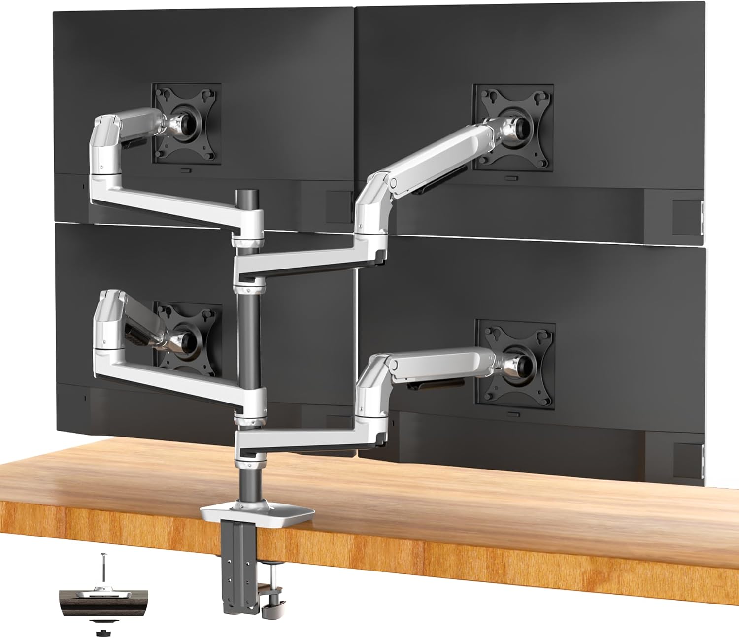 Heavy Duty Quad Monitor Mount Desk Stand, Mechanical Spring 4 Monitor Arm Fits Four 13-40 Inch Screens up to 25 lbs Each, Fully Motion VESA Mount Base (C-Clamp/Grommet), Premium Aluminum, Silver