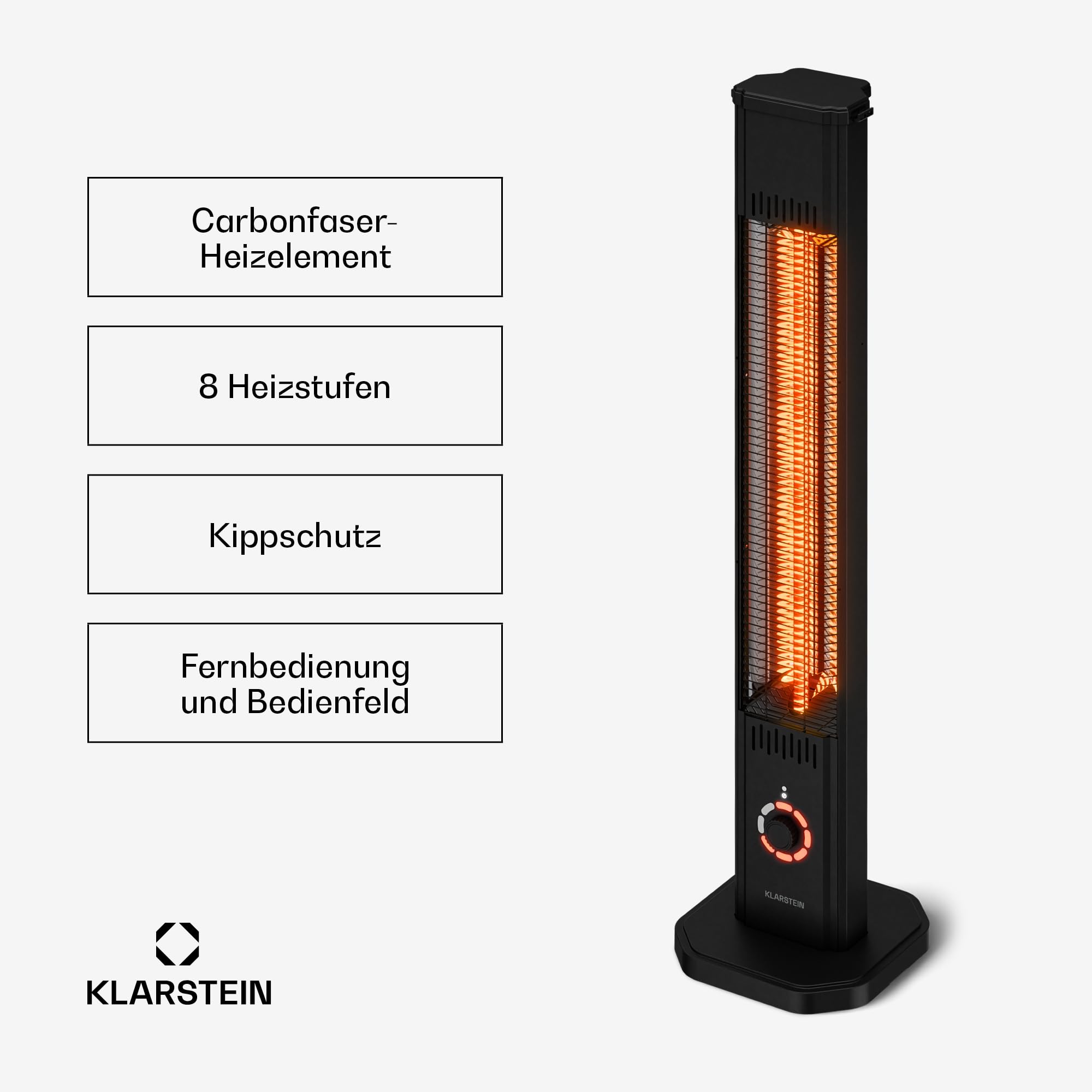 Klarstein Infrarotheizung Standgerät 2000W – 8 Stufen, Fernbedienung, Timer, IP65, Kippschutz, Wandmontage & Standfuß, leise, für Außenbereich bis 15 m², Infrarot Heizung