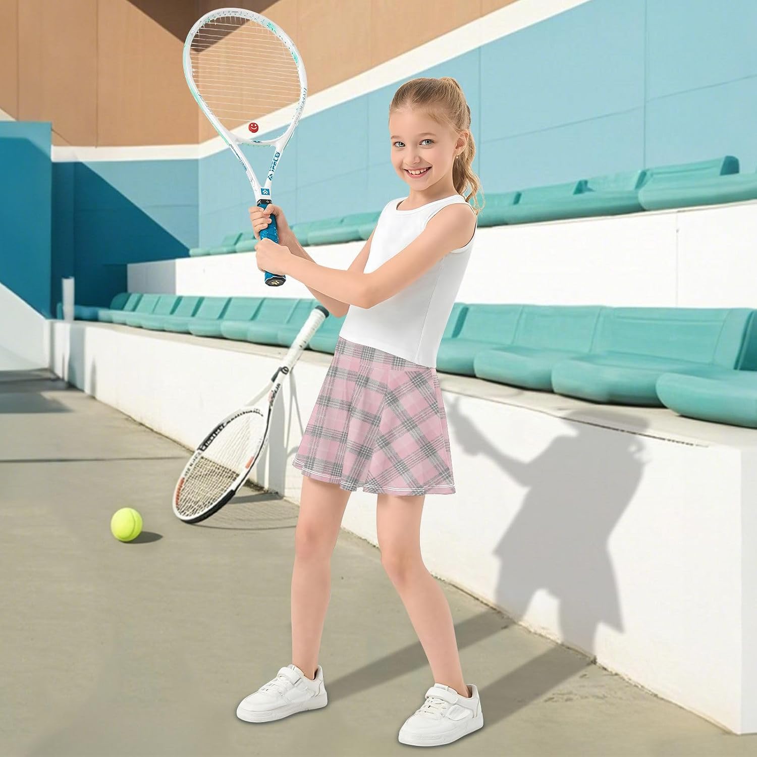 visesunny Pink Black Plaid Girl's Golf Skirt Athletic Tennis Skort Sport Activewear with Double Layer Pockets