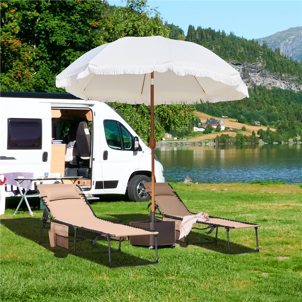 Yaheetech Lettino Sdraio Pieghevole Regolabile in 5 Posizioni per Esterno Giardino Spiaggia Campeggio con Poggiatesta e Tasca, 189 x 57 x 34 cm, Colore Beige