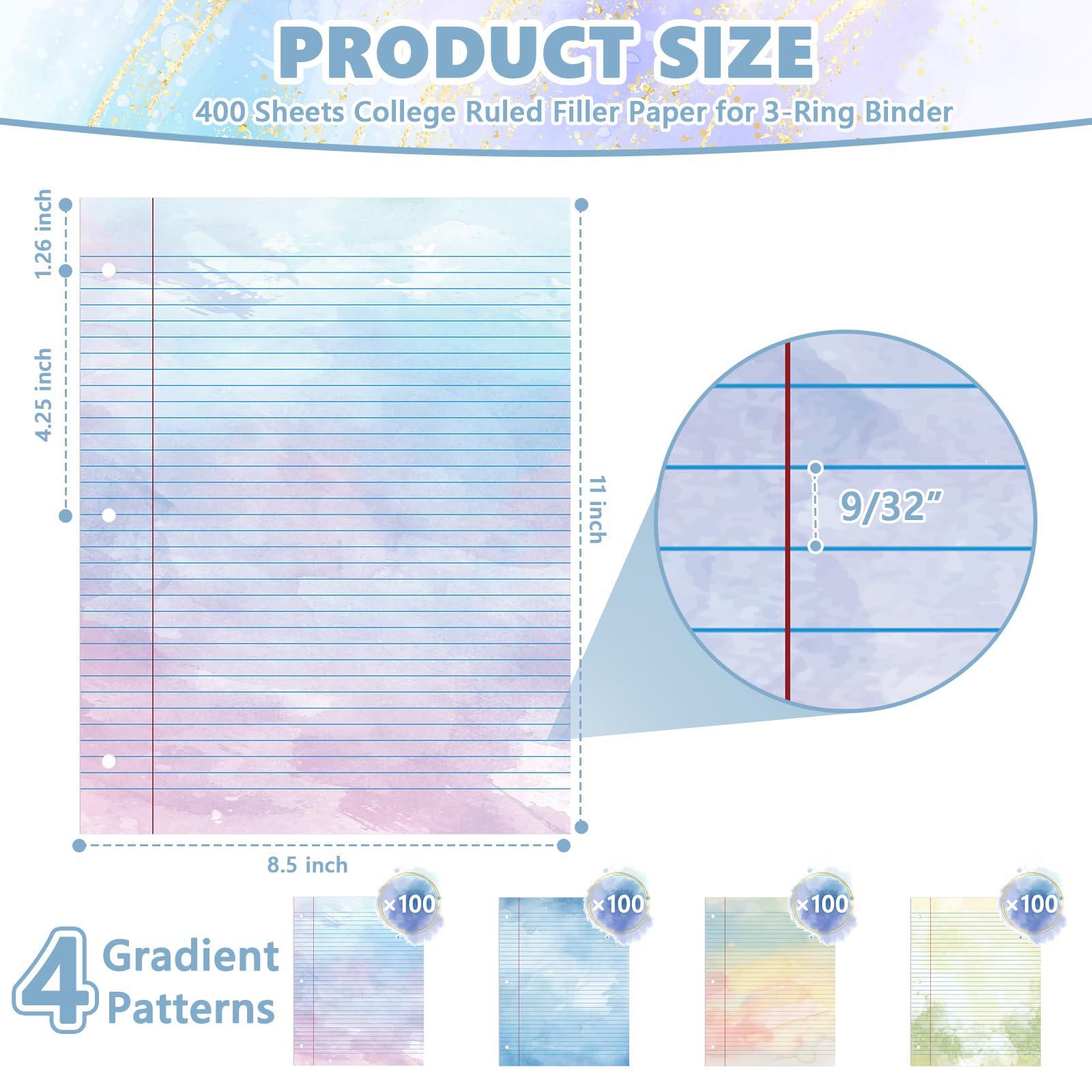 400 hojas de papel de hojas sueltas de color tamaño carta con rayas universitarias para carpeta de 3 anillas de 8.5 x 11 pulgadas, cuaderno de papel rayado de color con rayas universitarias, 3