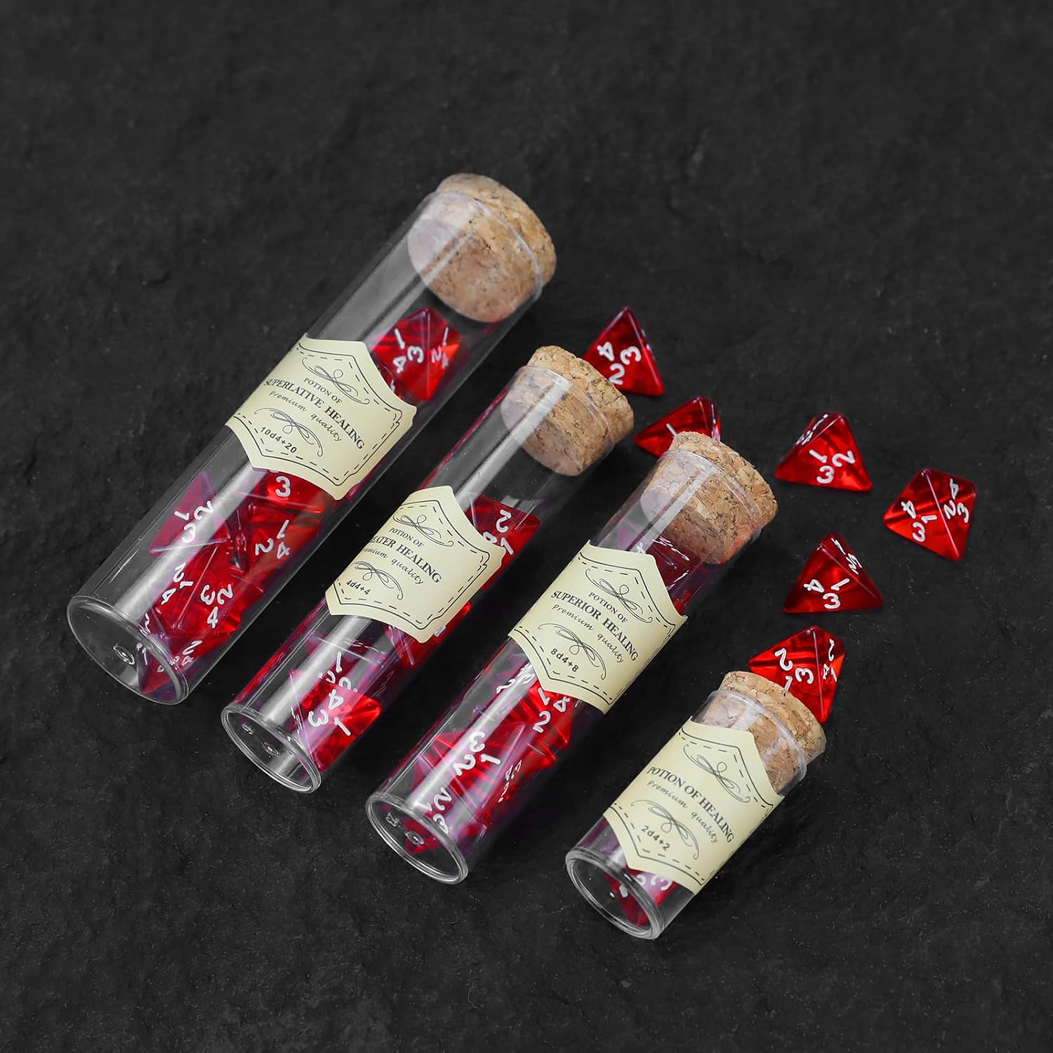 SIXPOINTS 24PCS Red D4 Dice Bulk Cone Transparent 4 Sided 0.8 Inch Dice Sets for a Dungeon and Dragons Themed Healing Potion,Mini Role Playing for Board Table RPG,D&D Gaming Games Toys