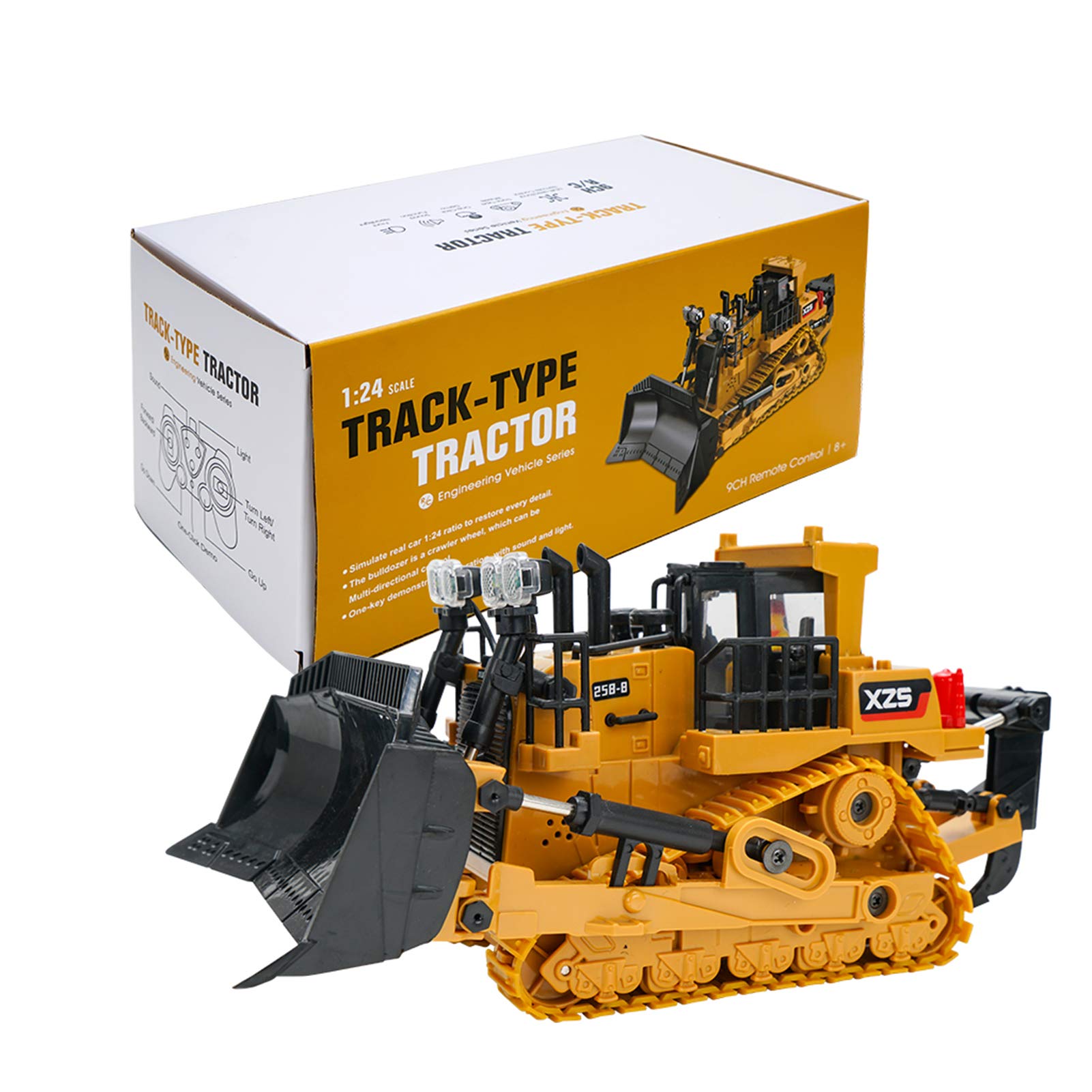 Jemora 1:24 2.4G 9CH RC Bulldozer RC Tracteur Camion Véhicules d'ingénierie de Construction avec Une démonstration clé Simulation de lumière LED Fonction sonore Jouets éducatifs pour Enfants