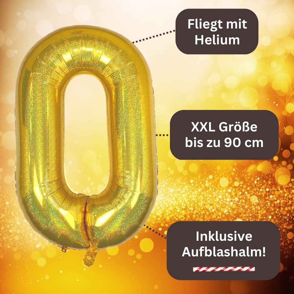 DIWULI XXL Gold Zahl 0 Ballon – Glitzer-Folienballon Für Geburtstag & Party
