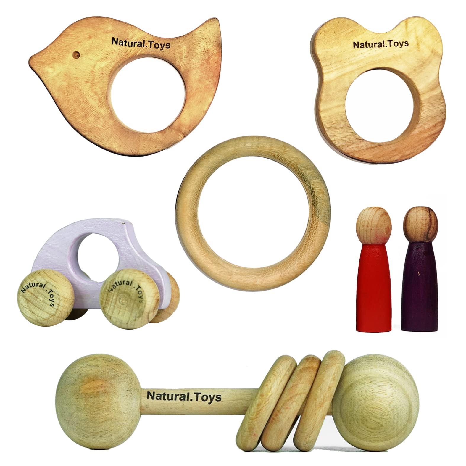 Natural.Toys Wood Teether Combo (Dumbbell Rattler + Mouse Teether + Bird Teether + 75Mm Ring + Two Peg Dolls + Purple Toy Car), Infant-image-34
