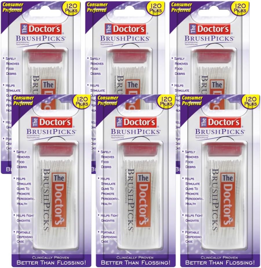 The Doctor's BrushPicks Interdental Toothpicks, Soft Rubber Dental Picks for Teeth Cleaning, Plaque Removal, Gum Care, Easy Grip Handle, 120 Count (Pack of 6)