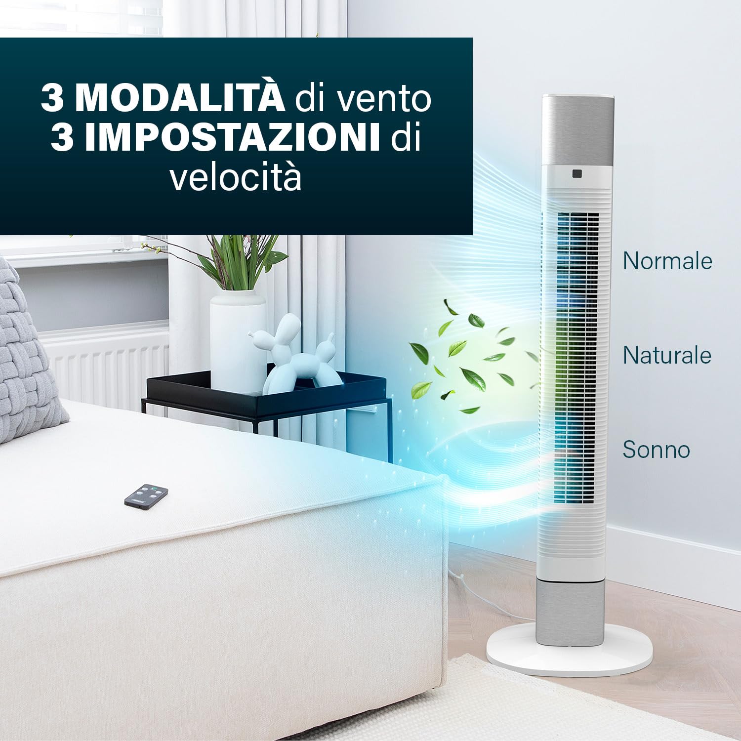 Princess Ventilatore a colonna silenziosa, altezza 103 cm, 3 modalità e 3 velocità, oscillazione, collegato, bianco