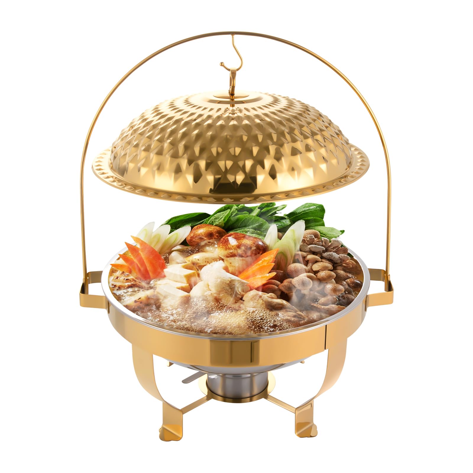 CRYBY Diamond Hanging Lid Stove, 8L/8.5QT Hanging Lid Dining Stove Stainless Steel Buffet Stove with Lid, Round Food Warmer Buffet Server Warming Tray for Wedding, Parties, Restaurants (Gold)