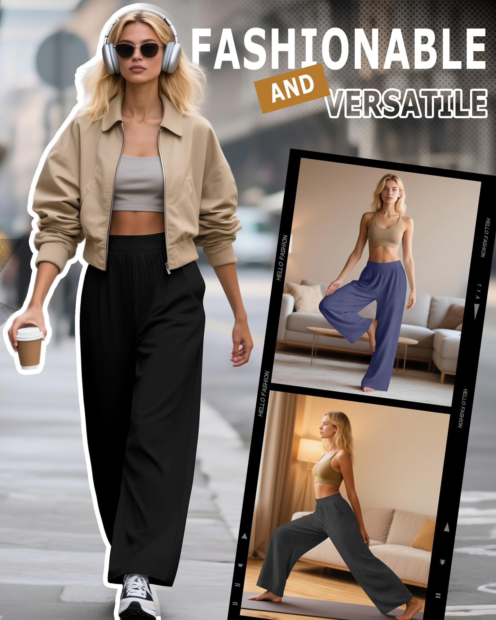 Geyoga 3er Pack Damen Loungewear Hosen mit Taschen Weites Bein Bequeme Loungewear Hosen Locker Fallende Yoga Jogginghosen