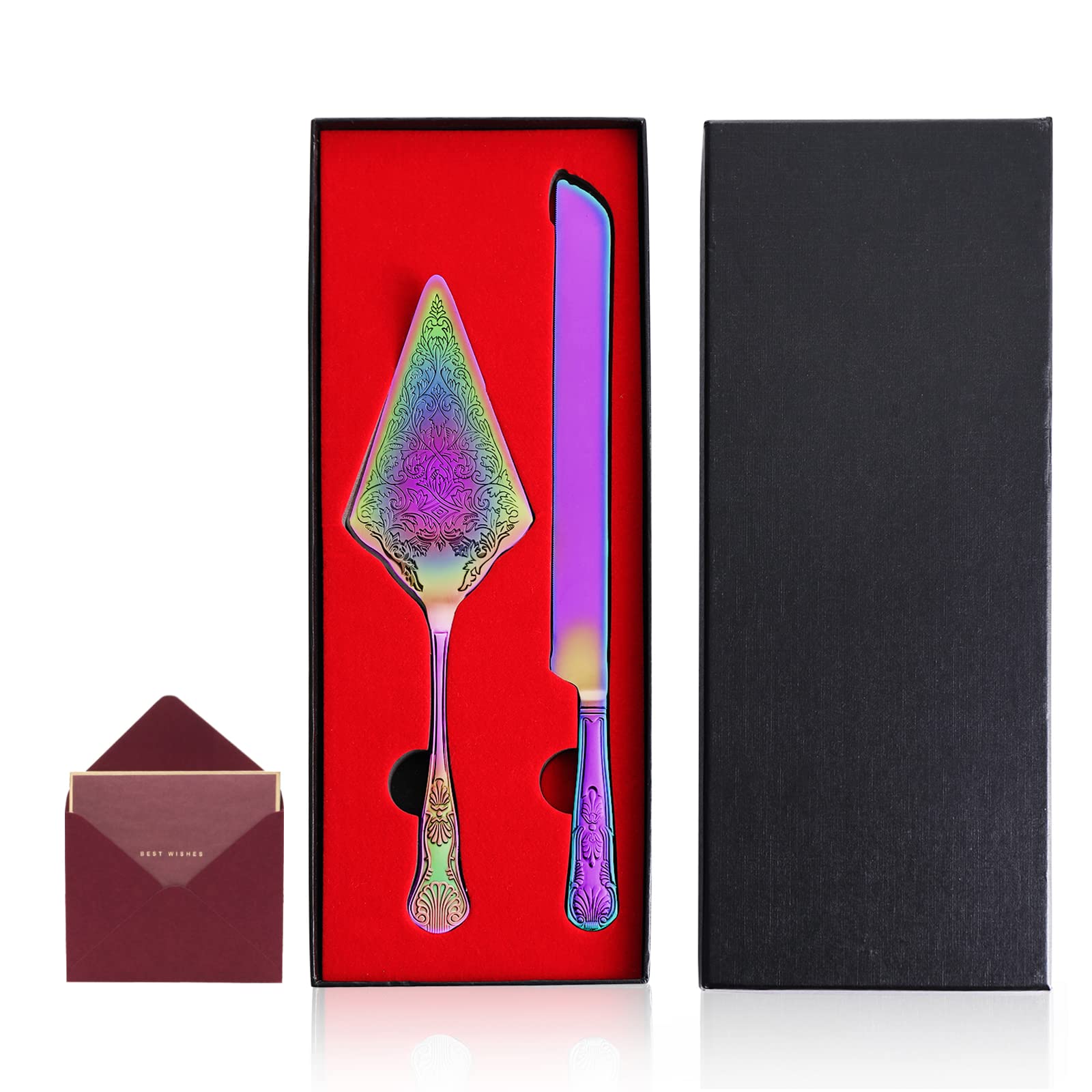 Cake Knife and Server Set: Stainless Steel Wedding Cake Cutting Set Plating with Carved Pattern Design Elegant Cake Pie Pastry Server Spatula Set Perfect for Wedding Birthday Shower Parties(Rainbow)