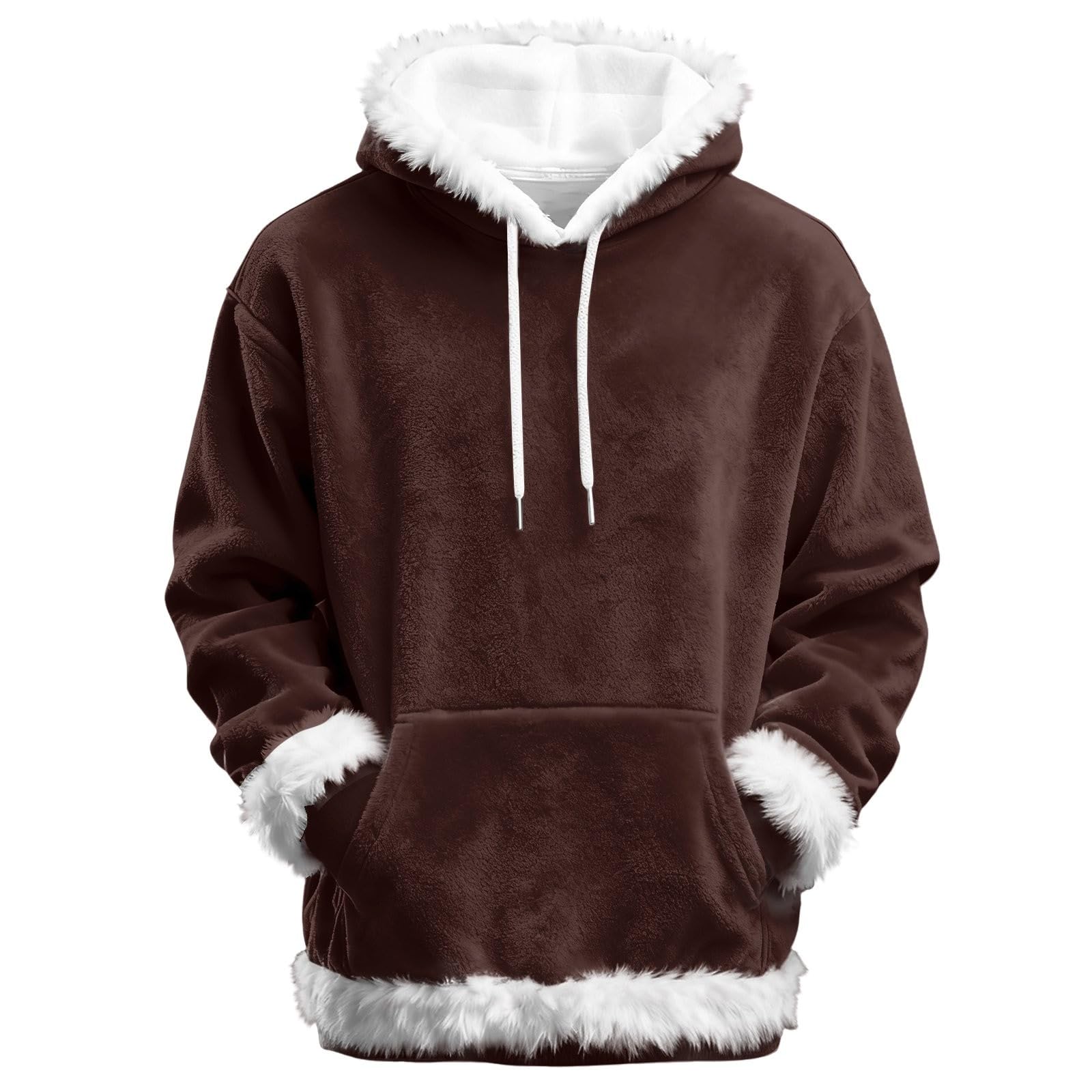 Corduroy Santa Hoodie Men Women Christmas Faux Fur Trim Hooded Sweatshirt Solid Winter Holiday Fleece Pullover Tops