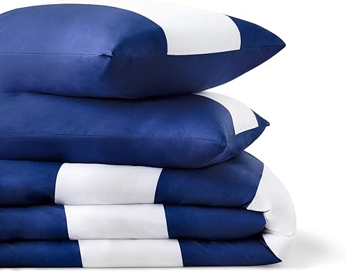 Vista 49 de LINENSPA - Edredón de microfibra hipoalergénico, con relleno sintético, para usar todo el año, tamaño California King, blanco/azul marino Cuadros