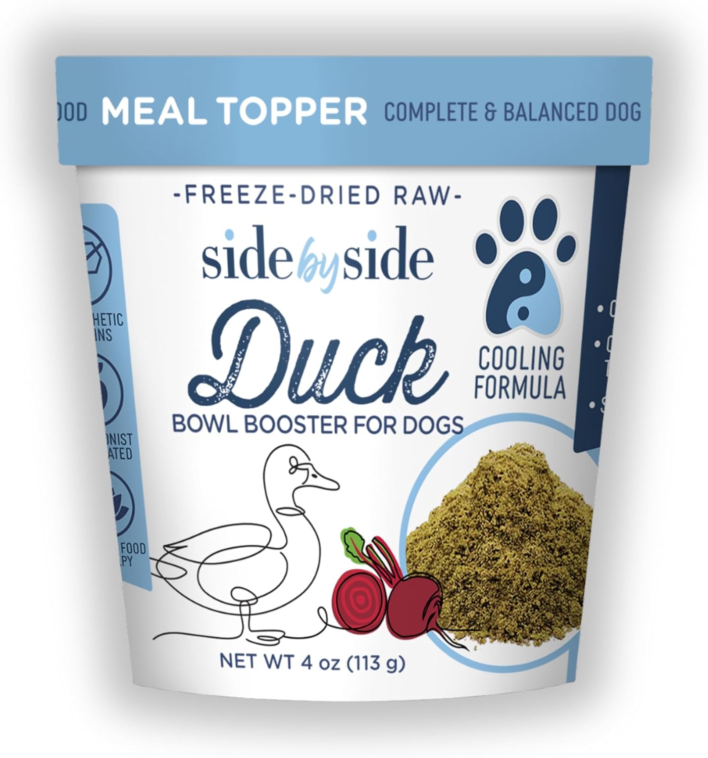 Side by Side Duck Bowl Booster - Cooling Freeze-Dried Dog Food Topper for All Breeds - Made with Nutrients & Whole Raw Foods Toppers for Dogs - No Artificial Additives or Fillers (4 oz.,2-Pack)