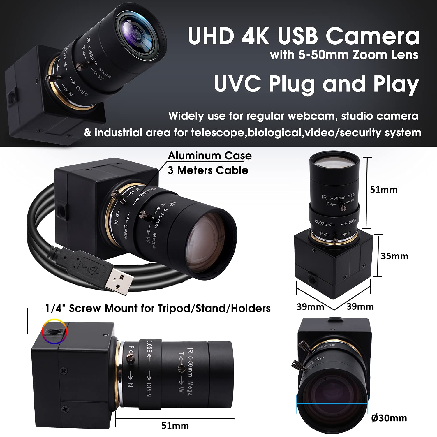 Svpro 4K HD Webcam con obiettivo varifocal 5-50mm, fotocamera USB con zoom ottico 10X con sensore Sony IMX415, fotocamera ad alta definizione 3840x2160@30fps per Windows Linux Andorid MAC OS