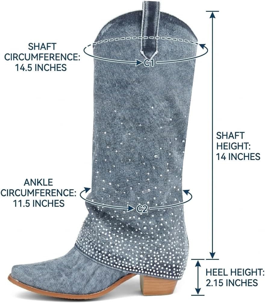 Seborluys Rhinestone Denim Fold Over Knee High Boots for Women Blue Chunky Heel Sparkly Cowgirl Jean Boots Slouchy Pointed Toe Pull On Fashion Western Boot
