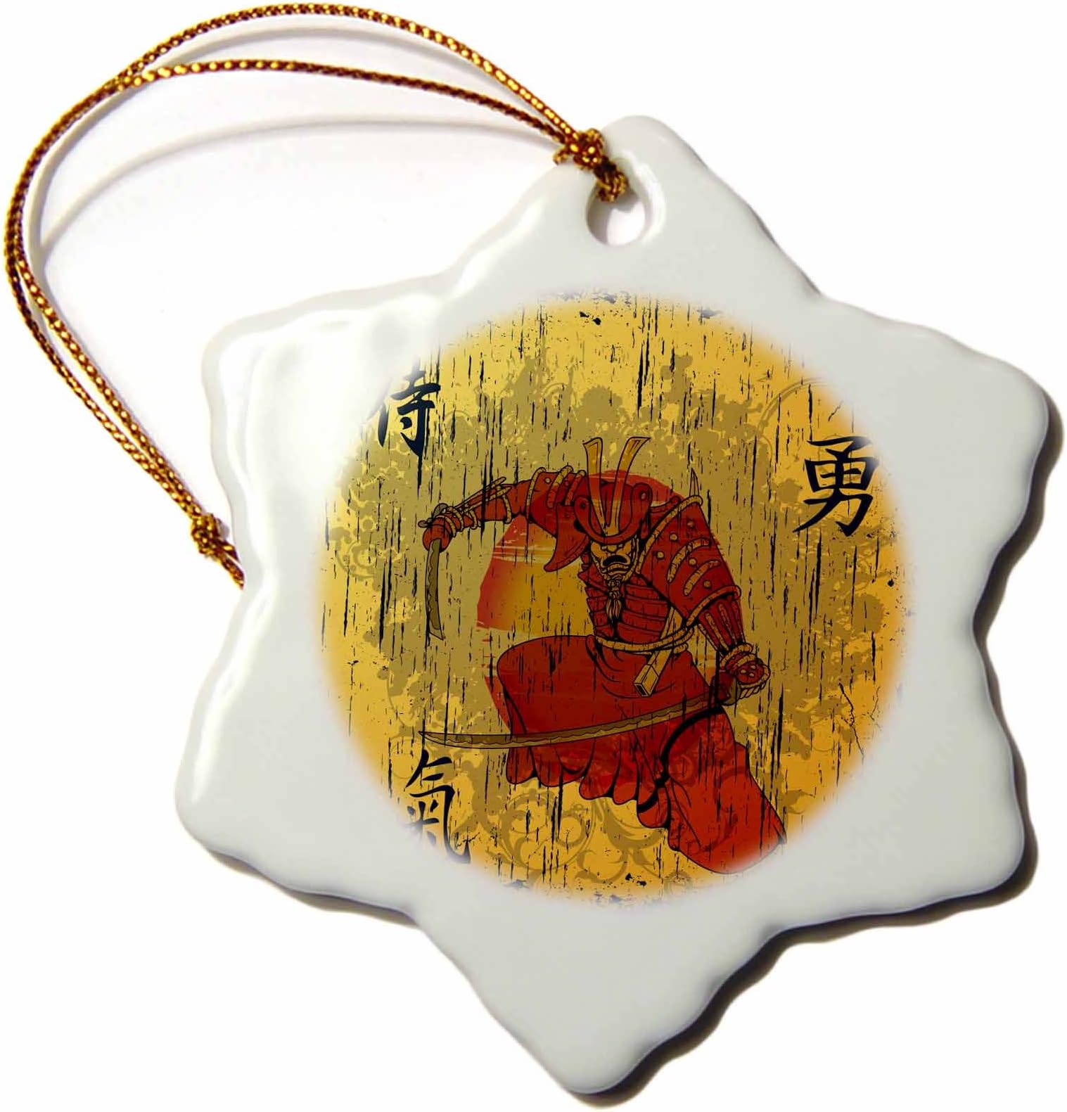 3dRoseLLC ORN_116373_1 Porcelain Snowflake Ornament, 3-Inch, Japanese Samurai with Swords Kanji Brave Energy Samurai Symbols Oriental Design