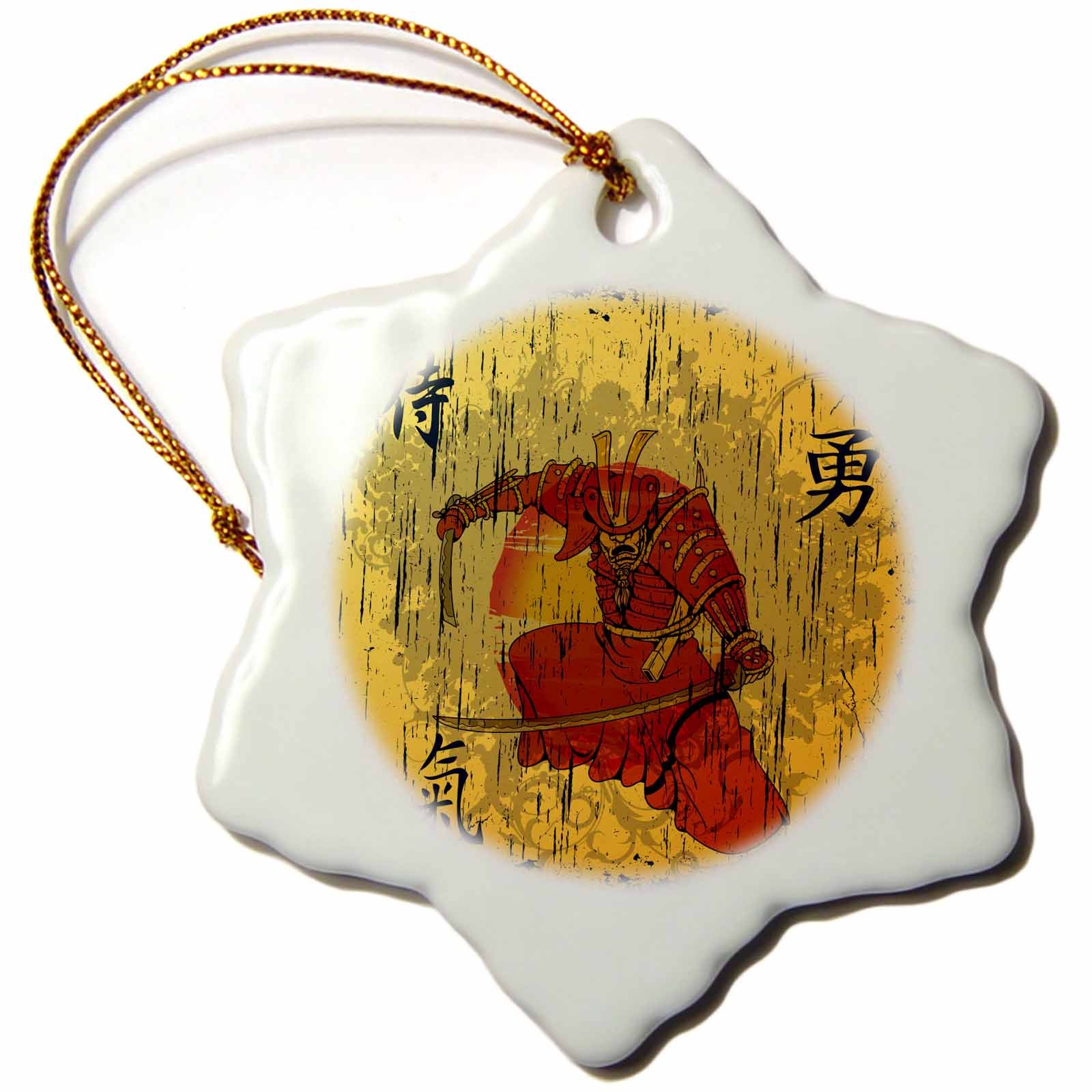 3dRoseLLC ORN_116373_1 Porcelain Snowflake Ornament, 3-Inch, Japanese Samurai with Swords Kanji Brave Energy Samurai Symbols Oriental Design