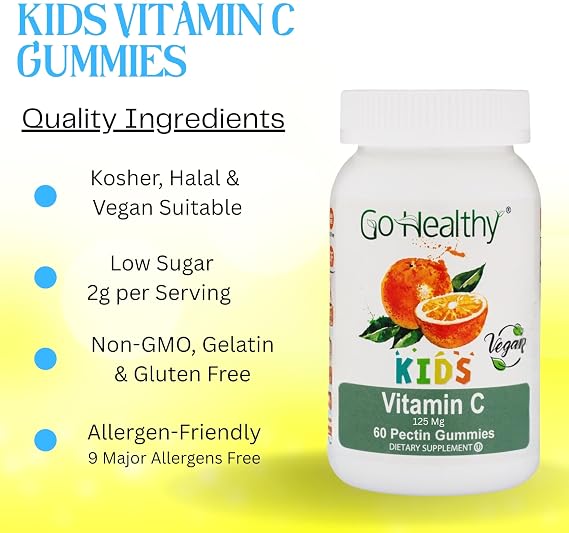 Go Healthy Kids Vitamin C Gummies Immune Support Gummy Vitamins for Kids & Toddlers, Kosher, Halal, Tasty Orange Flavor, Pectin-Based, Gelatin-Free, Vegan, Non-GMO, Gluten Free - 60 Servings