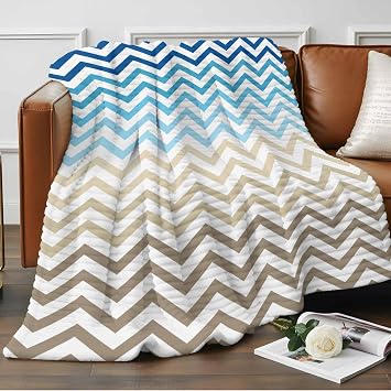 Fleece Throw Blanket for Couch, Blue Brown Microfiber Flannel Blanket for All Season, Modern Chevron Waves Khaki Geometric Stripes Lightweight Fuzzy Plush Throw Blankets for Car, Office, 40"x50"