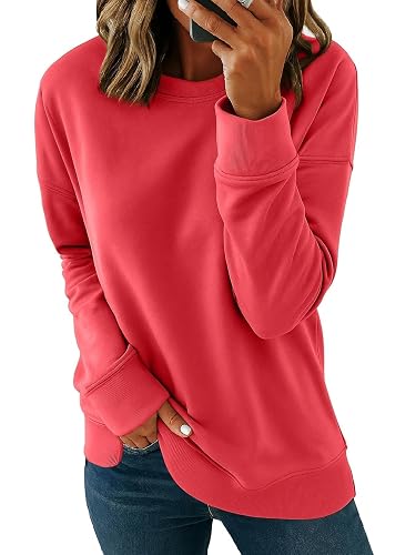 KINGFEN Red Sweatshirt Women Long Sleeve Crew Neck Womens Sweatshirt Casual Fall Sweatshirts for Women Solid Color Ribbed Tops Red Large