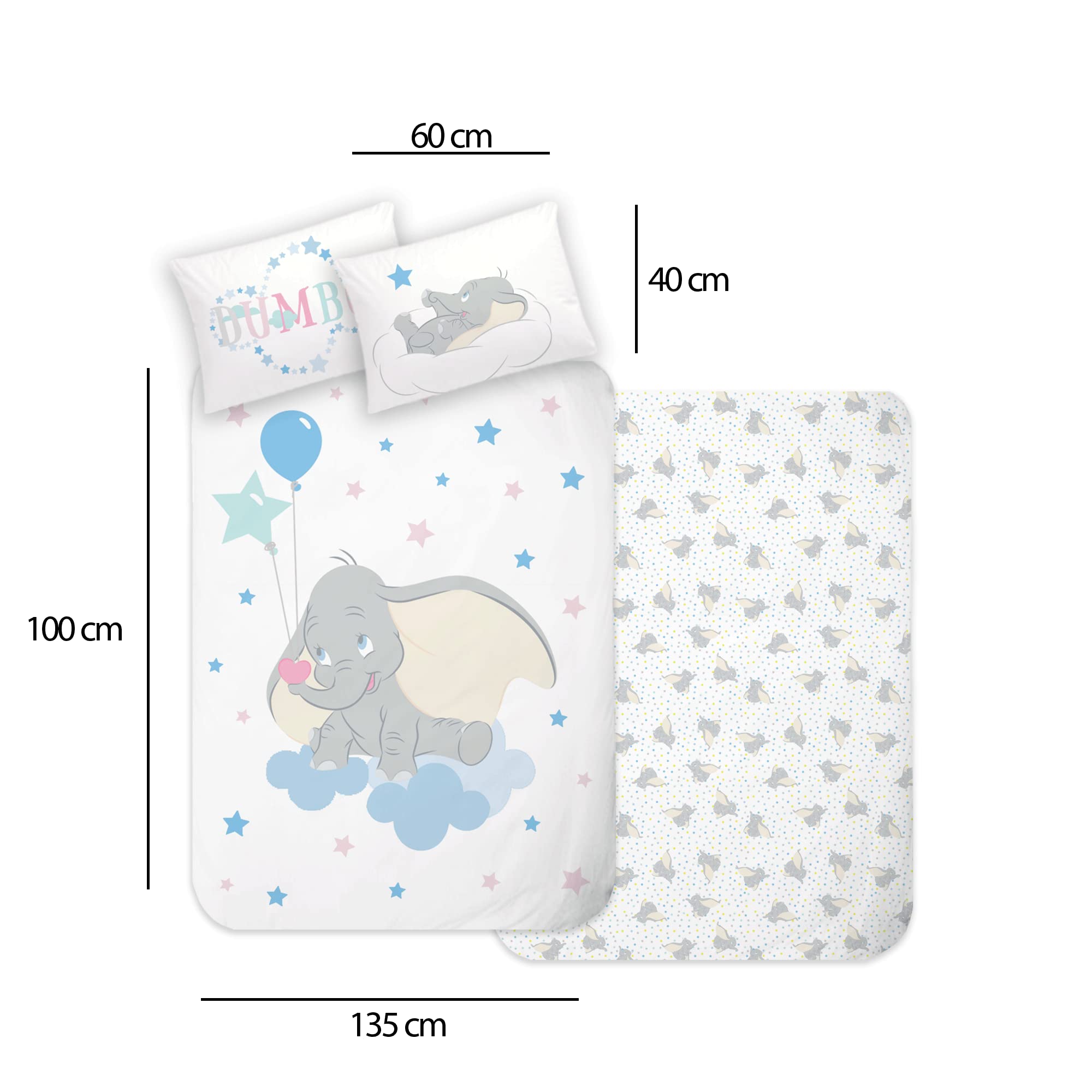 Disney Home Dumbo Juego de Ropa de Cama para bebé, 100 x 135 cm, Funda de Almohada de 40 x 60 cm, diseño Reversible, Ropa de Cama Infantil, Muy Suave, 100% algodón, 2 Piezas, Certificado ÖkoTex