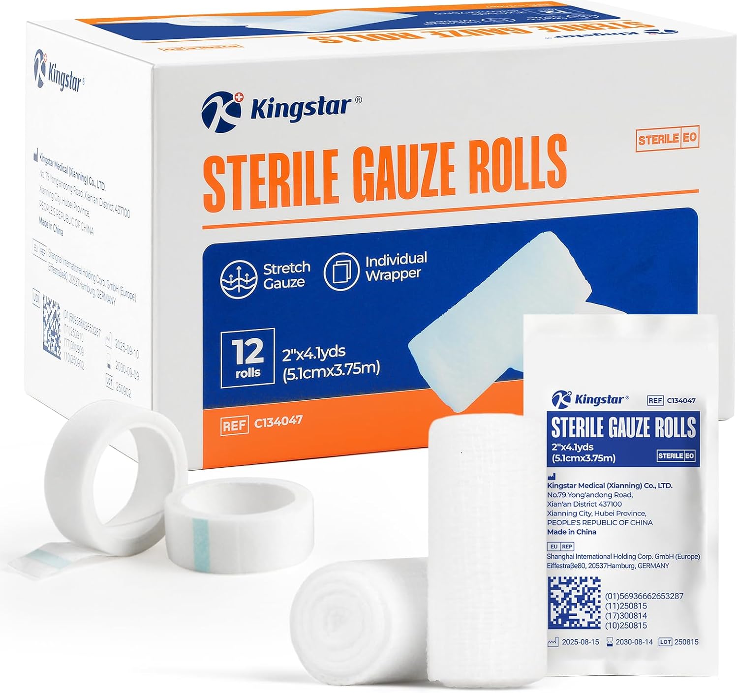 Sterile Gauze Rolls, 2" x 4.1 Yards, Conforming Stretch Gauze Bandage, Pack of 120, Firm Support for Dressings and Splints, Latex-Free First Aid Supplies Individually Wrapped with Bonus Tape