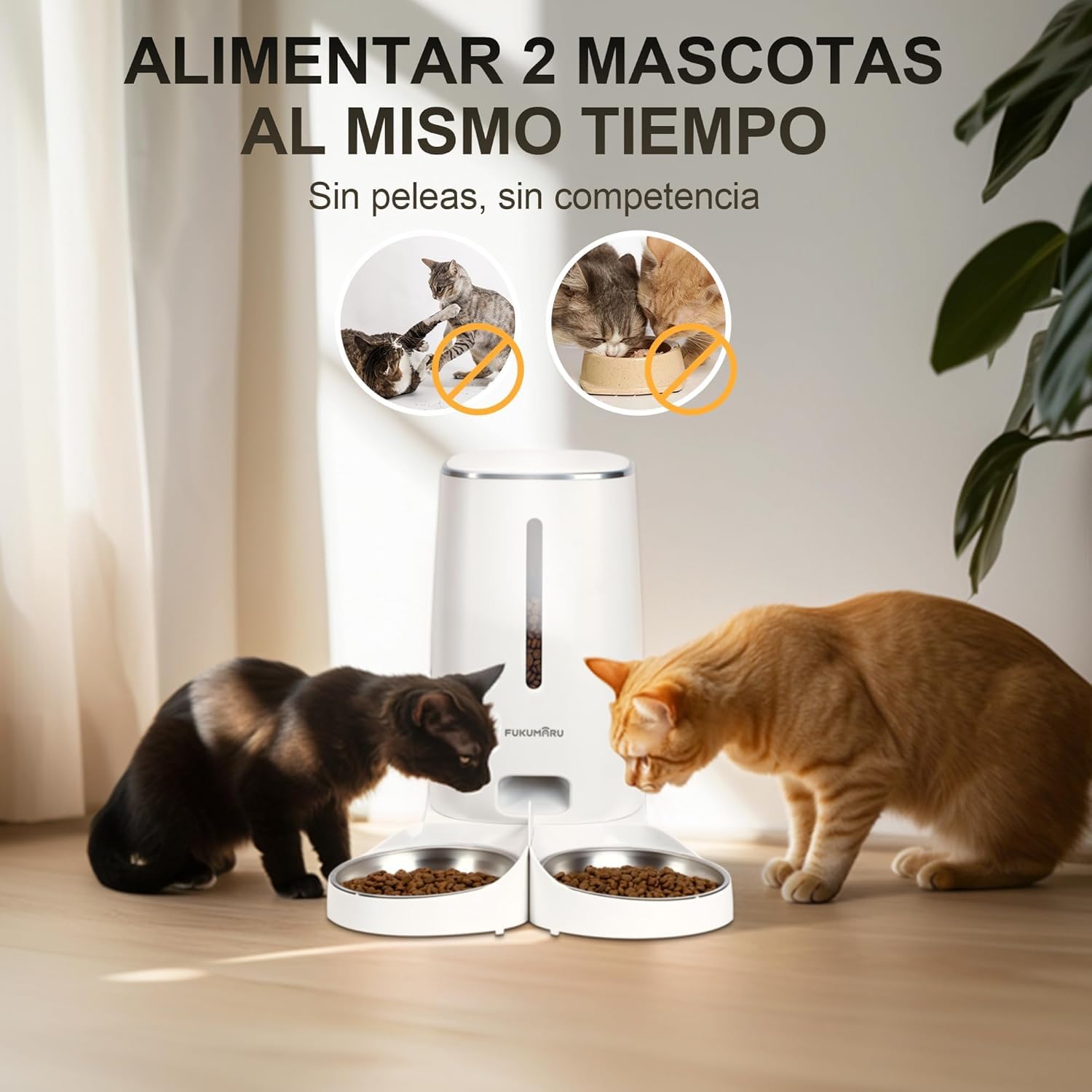 FUKUMARU Comedero automático para gatos, 4 L, con WiFi con doble tazón, dispensador automático de comida para gatos y perros, con horario personalizado, funciona con batería y electricidad por cable