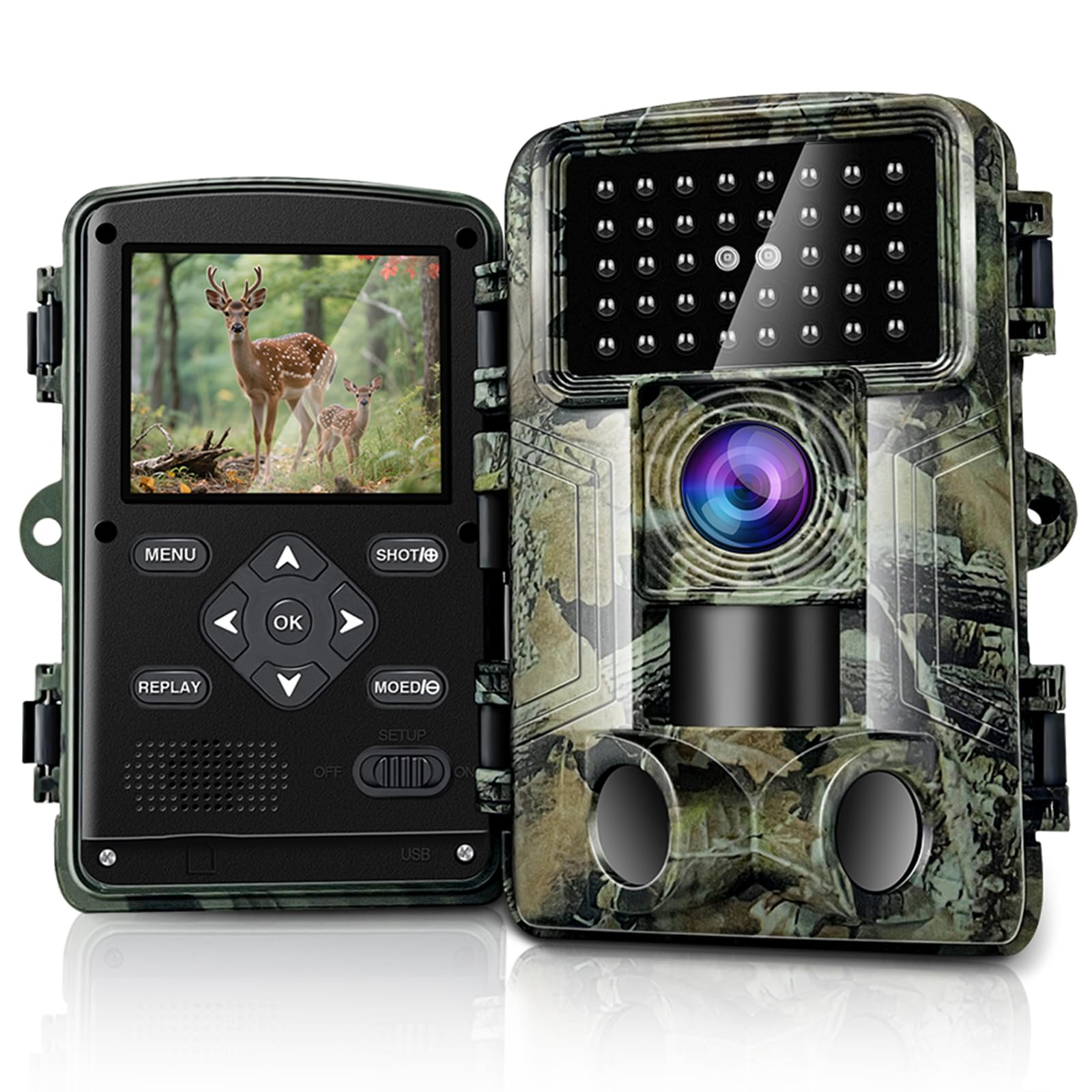 HAZA Camara Caza 58MP 2.7K HD Camara Fototrampeo con Micro SD 32GB Cámaras de Caza Visión Nocturnal Impermeable IP66 Cámara de Outdoor Patio Trasero Granja Vida Silvestre Monitoreo