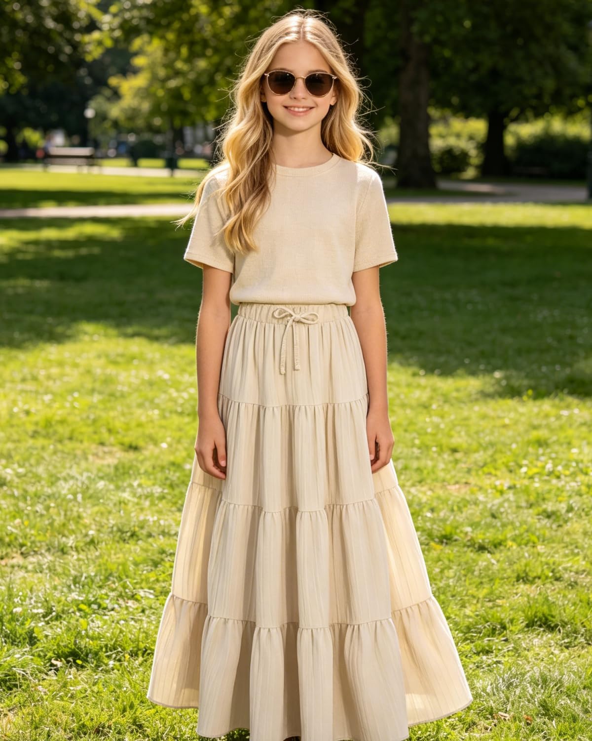 7-14 Years Tween Girl Summer Maxi Skirt Trendy High Waist Pleated Long Skirts Flowy Beach Boho Skirt Dress (Lined)
