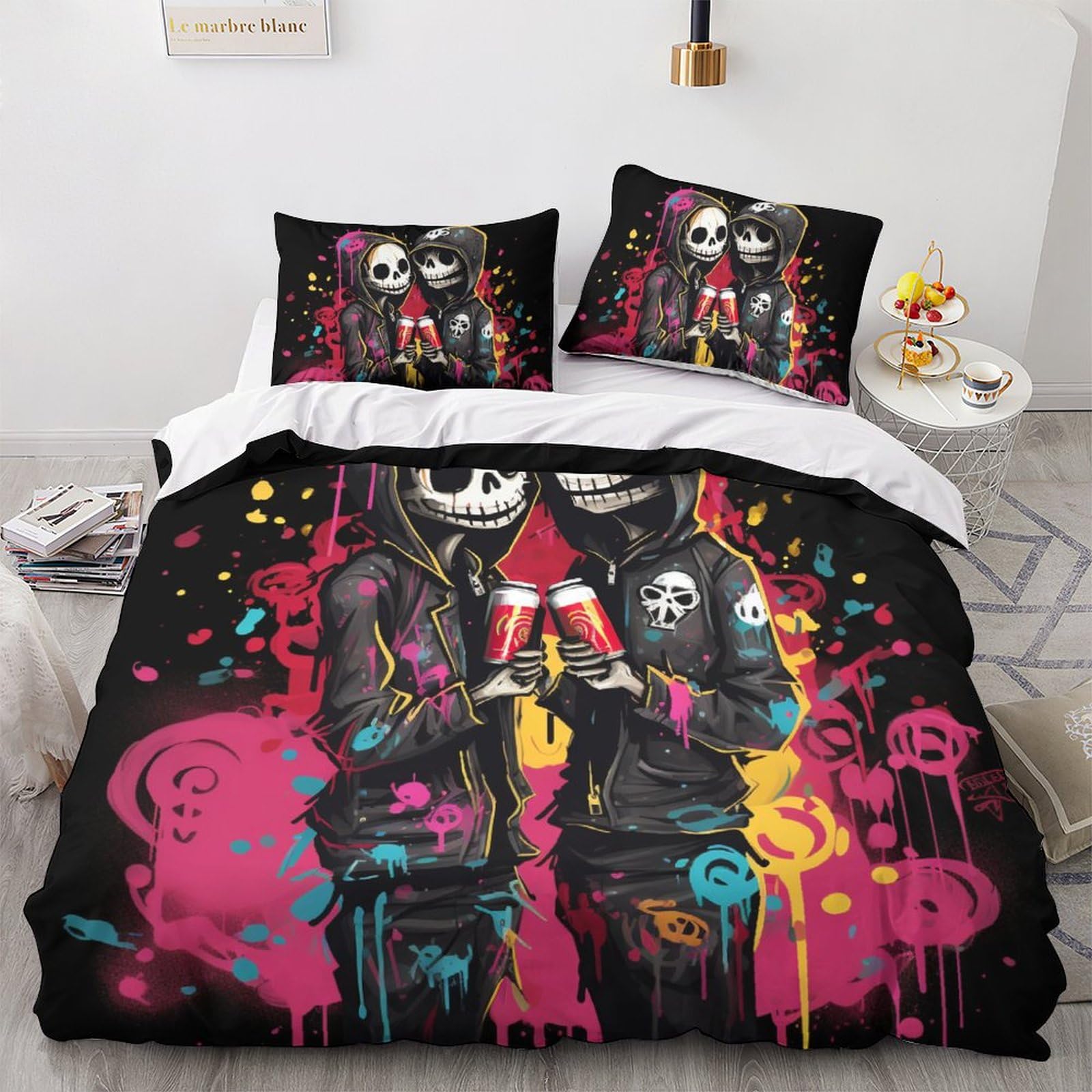 Parure de lit skeleton 3D housse de couette double 200x200cm microfibre 3 pièces pour garçon