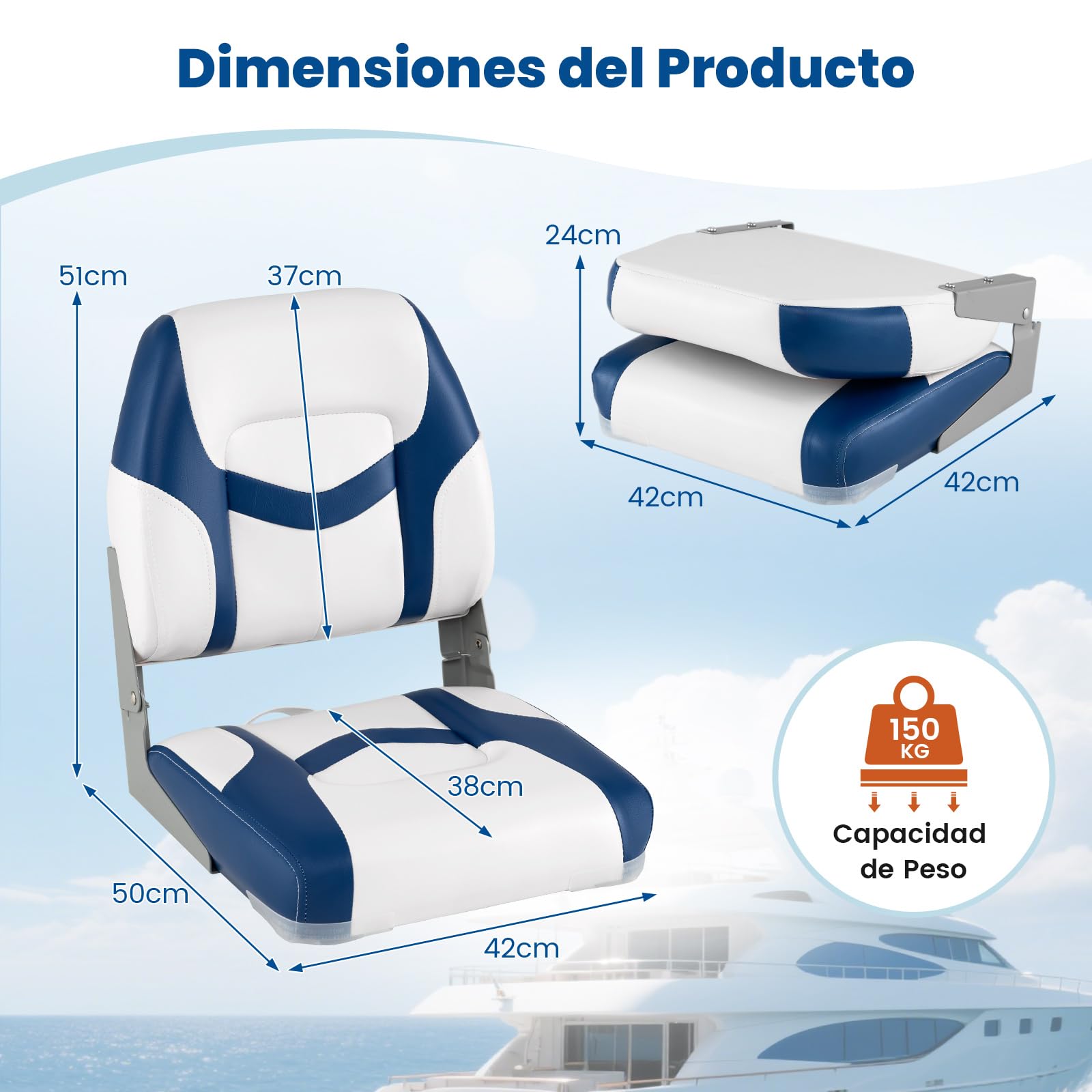 COSTWAY Juego de 2 Asientos de Barco Plegable, Sillas de Barco Plegables con Respaldo, Asientos de Cabina de Cuero PVC Impermeable con Espuma Gruesa, Silla para Pesca, Barco de Turismo, Velero