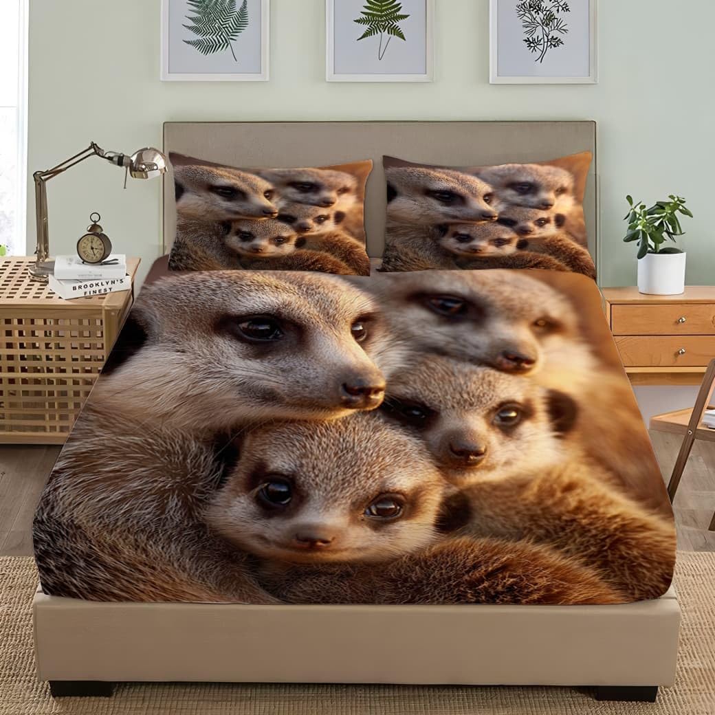 Lot de 3 Draps Housses 200x200 cm Animaux Suricates Doux et Respirant Parure de Lit Draps Housses Brun avec 2 Taies d'oreillers, pour Enfant Adolescent et Adulte