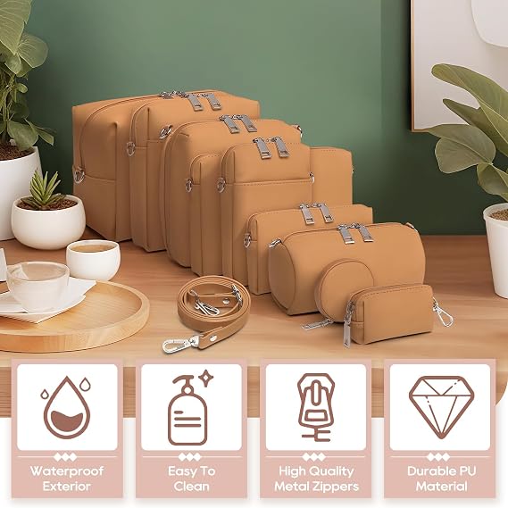 Joyway 10-Piece Travel Makeup Bag Set Large Capacity Cosmetic Bags for Women & Girls, Waterproof Portable Toiletry Organizer with Adjustable Strap (Brown)