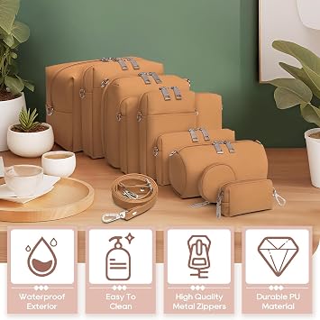 Joyway 10-Piece Travel Makeup Bag Set Large Capacity Cosmetic Bags for Women & Girls, Waterproof Portable Toiletry Organizer with Adjustable Strap (Brown)
