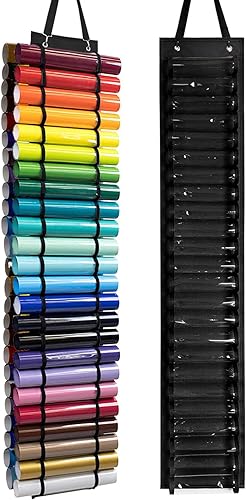 PHEZEN Soporte de rollo de vinilo organizador de almacenamiento de vinilo con 48 compartimentos y portero con ganchos para puerta y correa,