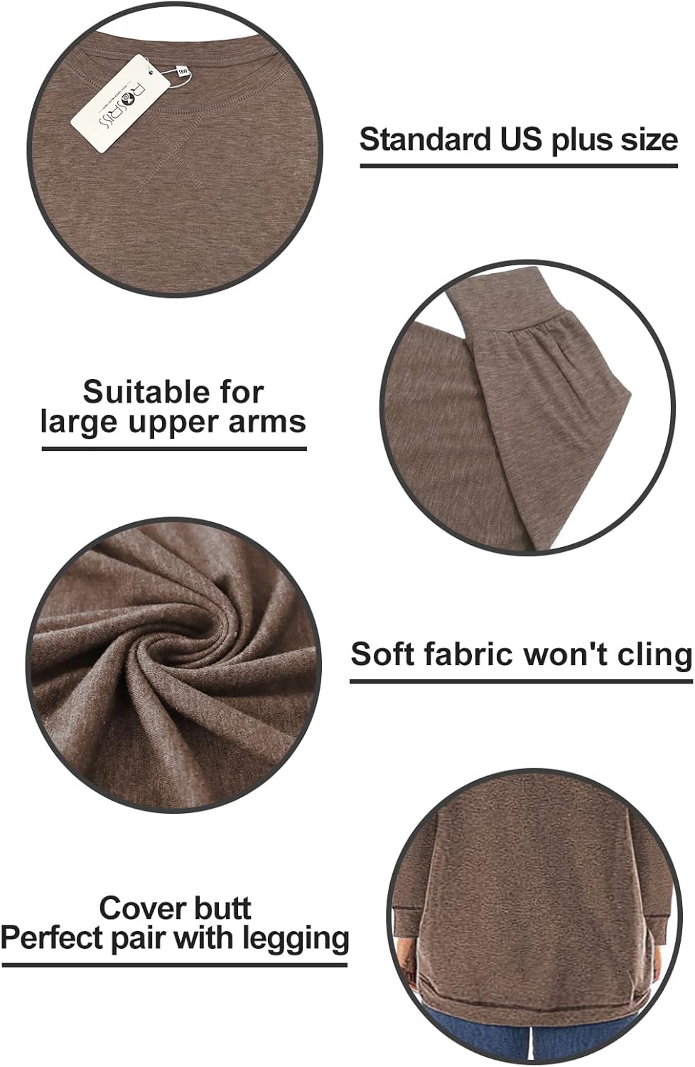 ROSRISS Plus Size Tops for Women Long Sleeve Shirts Casual Side Split Tees - Image 3