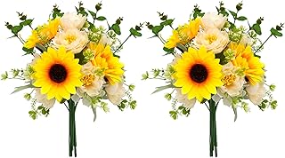 Artificial Sunflower Bouquets, 2 Bunches Fake Flowers with Sunflowers and Champagn Peonies for Home Wedding Summer Decor, Arrangement Table Centerpieces Indoor, DIY Garden Outdoor Art DéCor