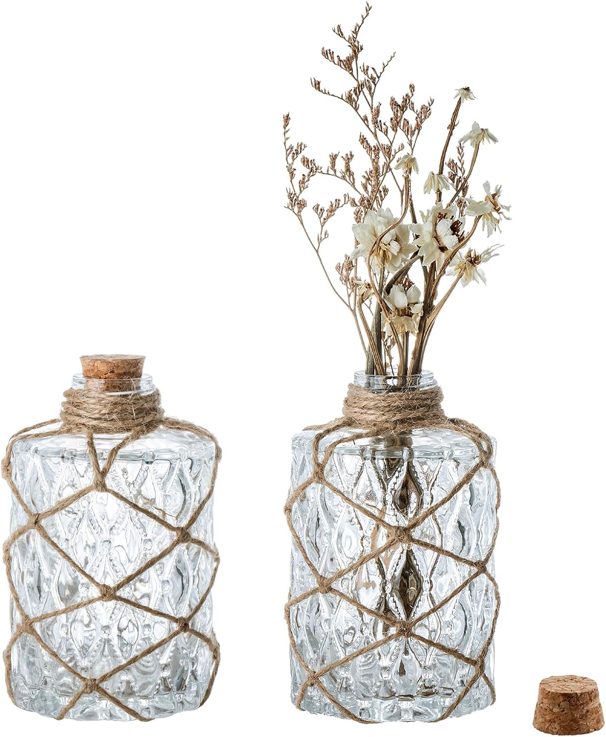 MyGift Set of 2 Rustic Embossed Glass Bud Vases with Cork Lids and Hand-Woven Hemp Rope – Apothecary Style Decorative Bottles for Farmhouse, Vintage, or Boho Home Decor Clear