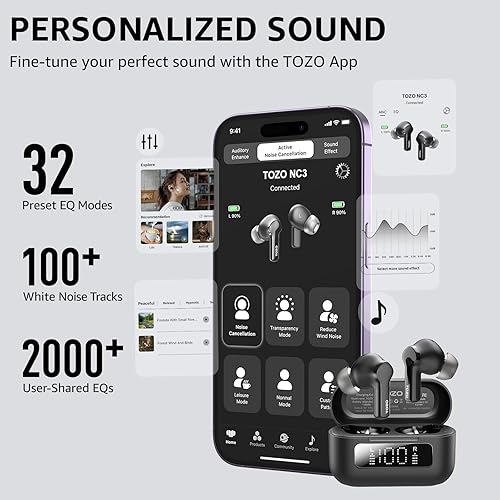 Miniatura 6 de TOZO Auriculares inalámbricos híbridos con cancelación activa de ruido con 6 micrófonos AI Clear Call Ear Buds 68H Playtime con pantalla LED, 32