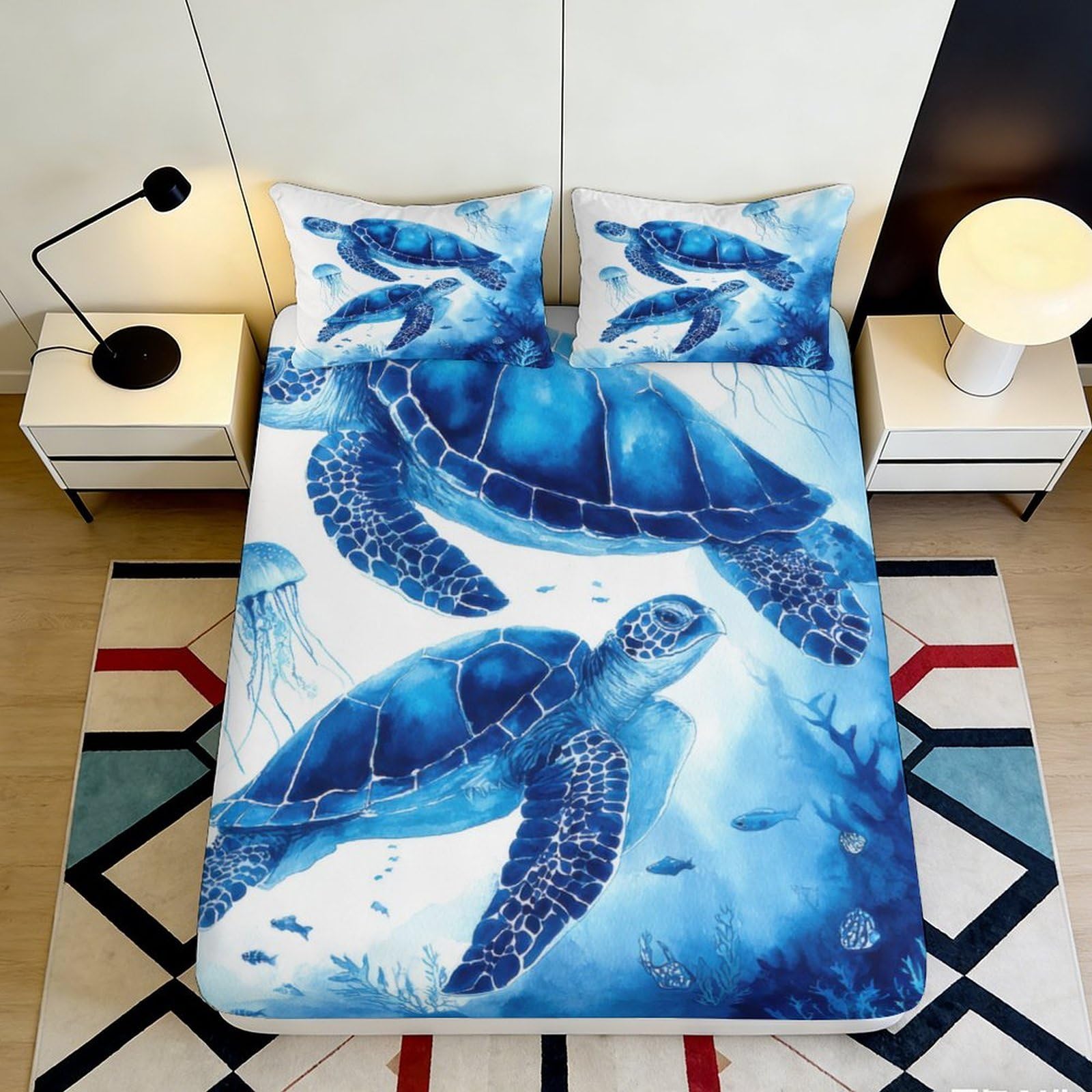 3D Printed Ocean Sea Turtle Fitted Sheet Microfiber Blue Marine Mattress Cover for Bedroom Dorm Mattress Decor 90x200x25cm